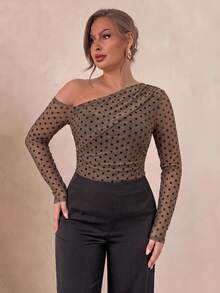 GlowEve CURVE Women's Plus Size Fashion Leopard Print Mesh Cold Shoulder Long Sleeve Bodysuit - Brown - View 4