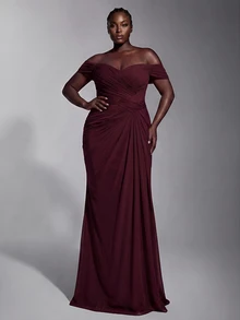 Elitara Plus Size Elegant Romantic Lace Fabric Sweetheart Neckline Short Sleeve Fitted Computer Beaded Craft Pleated Oversized Skirt Suitable For All Formal Occasions Heavy Work Evening Gown - Burgundy - View 4
