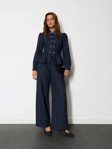 Nöista Navy Blue Geometric Jacquard Chinese Top, Slim Fit, Ruffled , Elegant, Parties Banquets.Fall/Winter,Going Out,Chic.Classic,Casual - Navy Blue - View 5