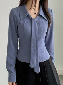 DAZY 女款素色休閒百搭日常穿著襯衫 - 藍色 - 查看 2