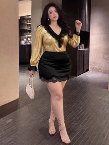Vibekara Plus Size Elegant Long Sleeve Deep V-Neck Blouse - Gold - View 5
