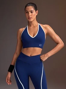 Powerista Women's Blue & White Low-Impact Halter Neck Sports Bra With Padding(Suitable For Jogging And Workout) - Blue and White - View 5