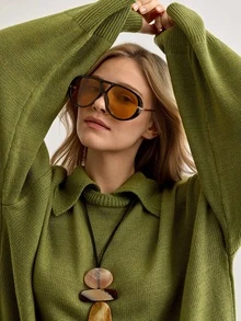 SHEIN Olive Green Heathered Knit Two Pieces Set With Collared Sweater And Wide Leg Pants - Green - View 5