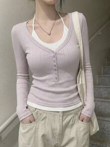 DAZY Women's Pink V-Neck Button Ribbed Knit Fitted Cropped Long Sleeve Cardigan With White Camisole Tank Top - Pink - View 3