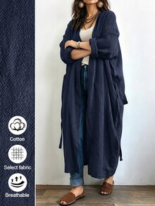 Linhara CURVE 女款長版休閒亞麻外套，適合外出與通勤的休閒外衣 - 藏蓝色 - 查看 4
