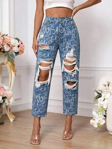 SHEIN PETITE 女款破洞字母印花鈕扣修身時尚牛仔褲 - 藍色 - 查看 7