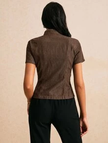 Poéselle Women's Short Sleeve Zip-Up Napoleon Denim Jacket - Brown - View 2