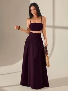 SHEIN PETITE 女款純色短版細肩帶背心上衣與裙子時尚兩件套 - 酒紅色 - 查看 3