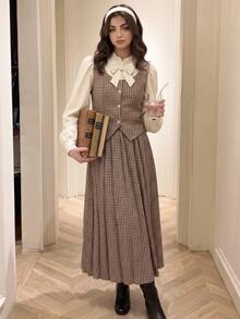 2件組青少年女孩春秋新款編織休閒復古學院風千鳥格2合1背心長袖上衣與收腰裙日常休閒外出套裝 - 彩色 - 查看 4
