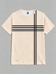 Azurnel Men's Striped Contrast Color Crew Neck Short Sleeve T-Shirt, Casual - Apricot - View 2