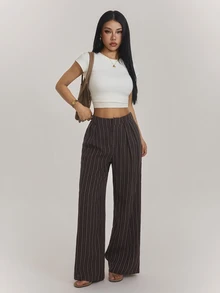 SHEIN PETITE Brown Striped Loose-Fit Trousers For Petite Women – Casual Workwear - Rust Brown - View 6