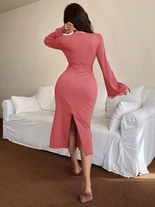 Dream Adore 喇叭袖蕾絲飾邊綁腰修身女款睡袍 - 藕粉色 - 查看 2
