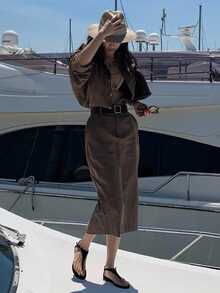DAZY Women's Simple Button Long Sleeve Dress For Vacation And Travel Winter - Brown - View 4