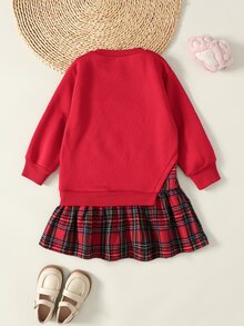 SHEIN 女童紅色拼接大學風運動衫洋裝，復古時尚百搭休閒日常穿搭，適合聖誕節、新年、聖誕派對洋裝、聖誕洋裝、聖誕禮物 - 紅色 - 查看 2