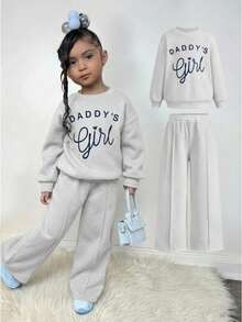 Young Girl Kids Casual Simple Light Gray Autumn/Winter English Letter Print Sweatshirt & Sweatpants 2 Pieces Set, Fall,Fall Clothes,Long Sleeve Tops - Light Grey - View 1