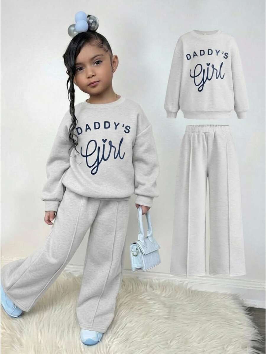 Young Girl Kids Casual Simple Light Gray Autumn/Winter English Letter Print Sweatshirt & Sweatpants 2 Pieces Set, Fall,Fall Clothes,Long Sleeve Tops - Light Grey - View 1