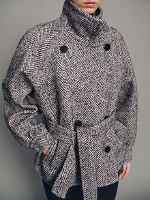 MOTF PREMIUM WOMEN'S BUTTON POCKET TWEED OVERCOAT - Black - View 7
