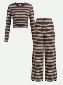 SHEIN Tween Girl Striped Long Sleeve T-Shirt And Pants Casual Daily Outfit - Coffee Brown - View 3