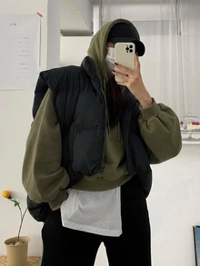 DAZY 女款純色連帽寬鬆短版運動衫 - 軍綠色 - 查看 8