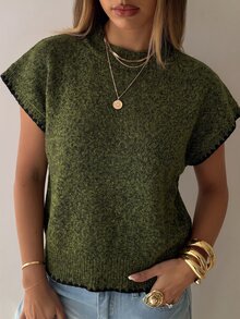 Aloruh Women's Round Neck Contrast Trim Shell Embroidery Sweater Vest, Suitable For Daily Wear - Army Green - View 7
