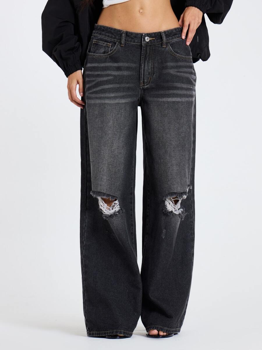 MUSERA Jeans Abu-abu Denim Longgar dengan Efek Sobek, Pakaian Kasual Wanita untuk Musim Gugur dan Musim Dingin - Hitam - View 1