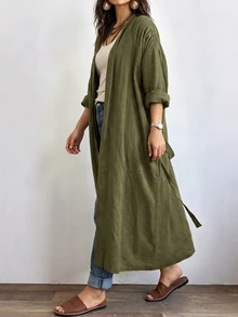 Linhara CURVE Women's Long Casual Linen Jacket, Outdoor Casual, Commute Top - Army Green - View 5
