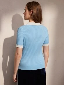 SHEIN Women's Colorblock Polo Collar Short Sleeve Knit Top, Slim Fit Ribbed Lightweight Spring/Summer Knit T-Shirt, Light Blue & White Contrast Embroidered Preppy Style Commuter Slimming Versatile Knit Top - Blue - View 2