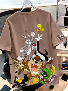 LOONEY TUNES X SHEIN Daypath 男士卡通印花休閒日常短袖T恤 - 咖啡棕 - 查看 2