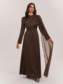 SHEIN Tall Elegant Long Brown Dress With Flowing Ribbons For Tall Muslim Women – Perfect For Parties. - Coffee Brown - View 4