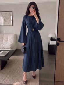 NOVVYNE Spring/Autumn French Style Commuter Elegant Polka Dot Cinched Cinched Waist Ruched Drawstring Flared Sleeve Long Dress For Women - Navy Blue - View 3