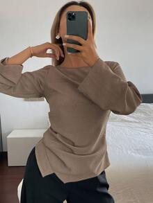 DAZY Solid Color Fitted Pleated Long Sleeve Round Neck Casual Elegant Vacation Korean Style Spring Autumn Blouse For Women - Khaki - View 6