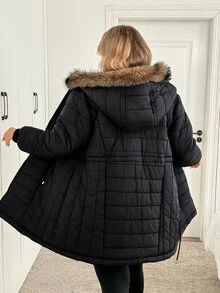 SHEIN CURVE+ Plus Size Thickened Hooded Longline Thermal Lined Long Sleeve Winter Jacket, Solid Black - Black - View 2