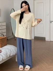 DAZY 2pcs Happy Puppy Pattern Loose Long Sleeve T-Shirt & Straight Leg Long Pants Women's Pajama Set - Yellow - View 5