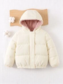 SHEIN 女嬰可愛秋冬百搭休閒保暖燈芯絨內層加厚連帽外套 - 卡其色 - 查看 4