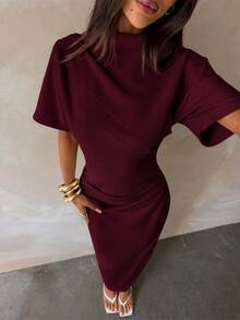 Aloruh New Solid Color Versatile Elegant Intellectual Minimalist Office Commute Ruched Decor Loose Top Tight Skirt Long Sleeve Midi Dress - Burgundy - View 5