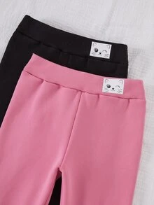 SHEIN 秋冬女童加厚保暖內裡一體式緊身褲，黑色與粉色甜美可愛小貓印花，百搭柔軟舒適，2件組，可作內搭或外穿 - 彩色 - 查看 5