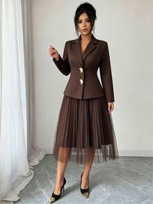 Elenzga Women's Fashion Elegant Long Sleeve Asymmetric Metal Button Double Pocket Blazer And Elastic Waist Sun-Pleated Mesh Skirt Suit Set, Suitable For Daily Commute Wear - Brown - View 7