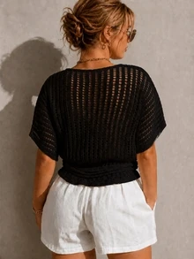 SHEIN LUNE CURVE 大尺碼女款優雅百搭鏤空綁帶中袖開襟衫 - 黑色 - 查看 2