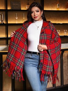SHEIN Clasi Plus Size Women's Plaid Casual Versatile Daily Outing Long Sleeve Jacket - Red - View 4