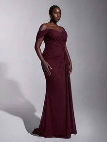 Elitara Plus Size Elegant Romantic Lace Fabric Sweetheart Neckline Short Sleeve Fitted Computer Beaded Craft Pleated Oversized Skirt Suitable For All Formal Occasions Heavy Work Evening Gown - Burgundy - View 6