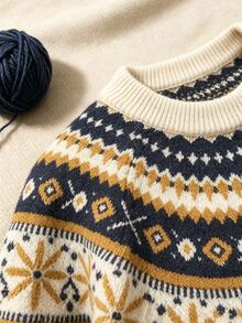 SHEIN Franclia Women's Round Neck Long Sleeve Fair Isle Vintage Sweater - Apricot - View 4