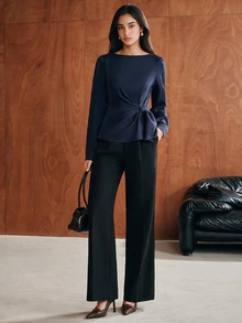 Anewsta Atasan Wanita Lengan Panjang Elegan Serbaguna dengan Desain Kerah Perahu Warna Polos Terbaru untuk Awal Musim Gugur, Belahan Pinggang, dan Detail Kerutan - Navy Blue - View 6