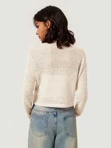 SHEIN BASICS كارديجان نسائي بسيط بأزرار وتصميم مفرغ محبوك رقيق - لون مشمشي - مشاهدة 5
