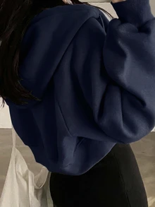 DAZY Women's Hooded Short Zip-Up Warm Sweatshirt - Navy Blue - View 6