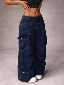 SHEIN Unity Plus Size Streetwear Button Pocket Cargo Denim Jeans - Dark Wash - View 4