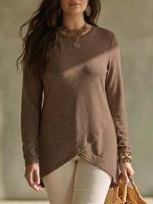 SHEIN LUNE Women's Autumn/Winter New Hot-Selling Round Neck Asymmetrical Hem Mid-Length Plus Size T-Shirt - Coffee Brown - View 1