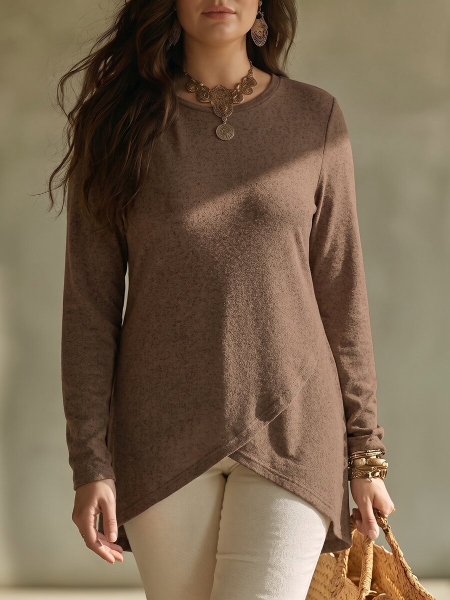 SHEIN LUNE Women's Autumn/Winter New Hot-Selling Round Neck Asymmetrical Hem Mid-Length Plus Size T-Shirt - Coffee Brown - View 1