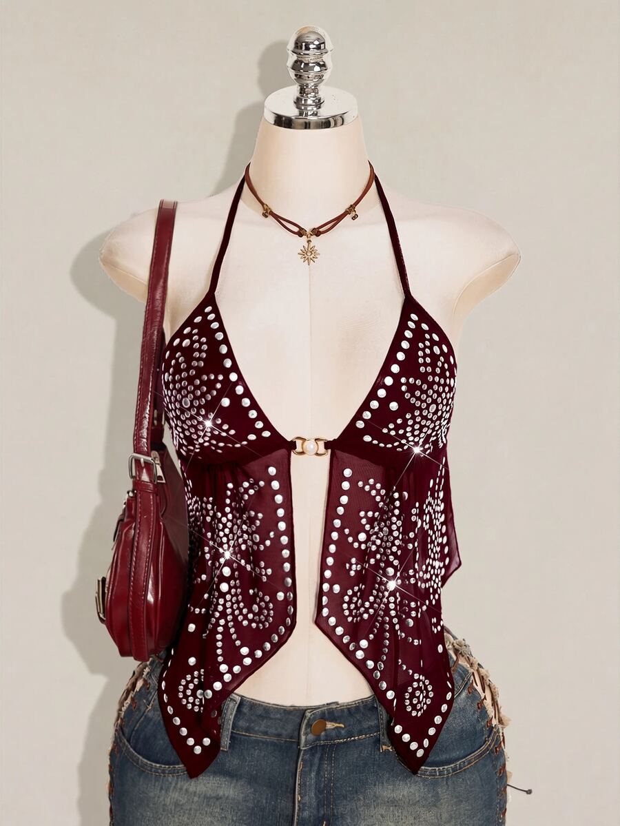 SHEIN ICON ملابس علوية نسائية Y2k سوداء مثيرة بتصميم قوطي مع مسامير معدنية وشبكة برقبة معلقة وحافة مشقوقة مثيرة - عنابي اللون - مشاهدة 1