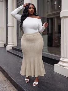 Slaydiva Autumn/Winter Elegant Commute Date Gentle Versatile Ribbed Gradient Mermaid Tail Slim Fit Plus Size Knit Skirt - Khaki - Khaki - View 7