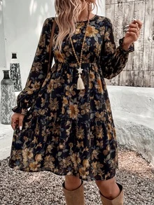 SHEIN VCAY 休閒極簡復古波希米亞花卉印花寬鬆圓領大尺碼洋裝，適合秋冬穿著 - 彩色 - 查看 5